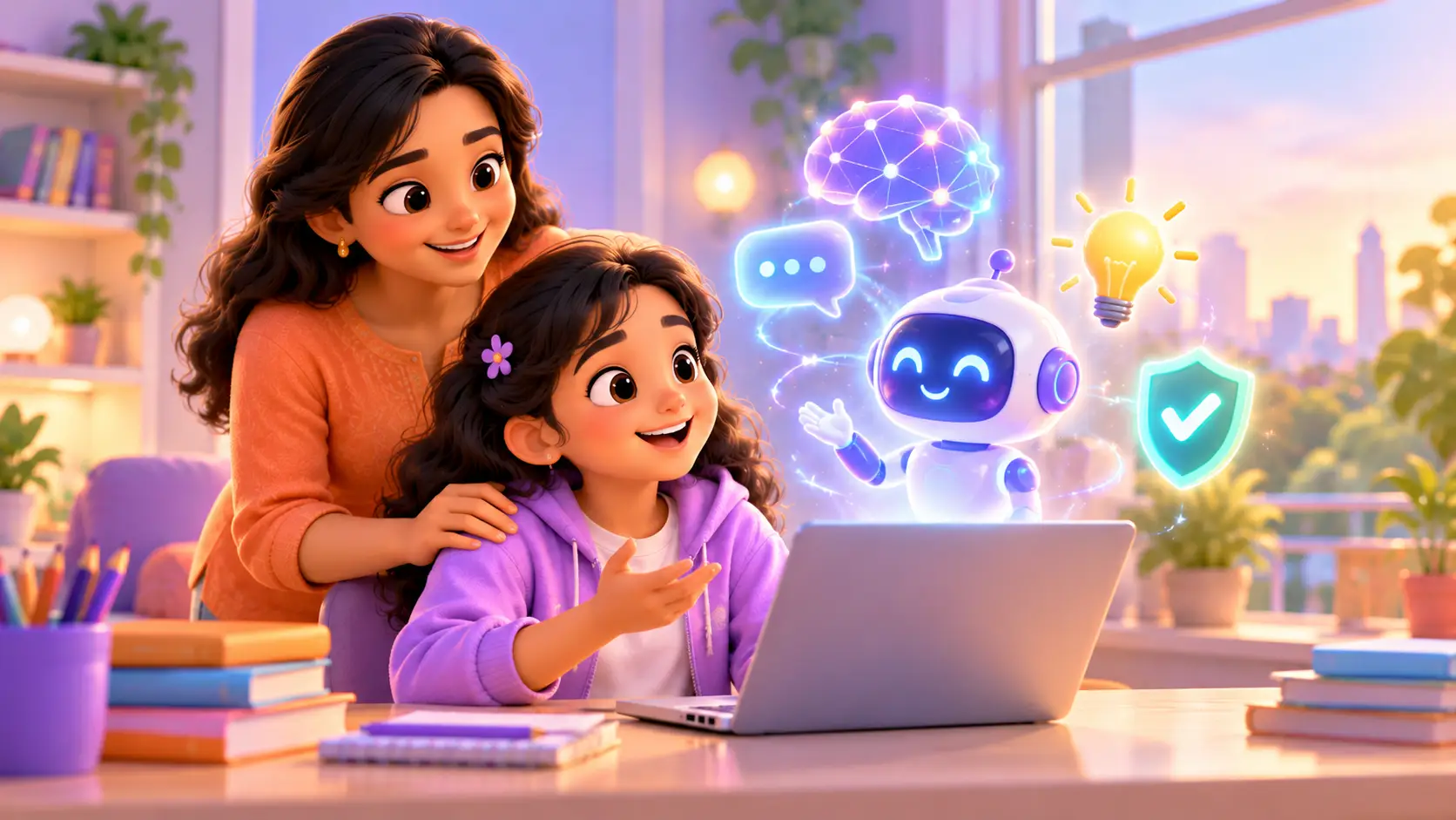 A girl at a laptop talking to a friendly hologram robot, with AI, idea and safety icons around her, while her mother smiles behind her