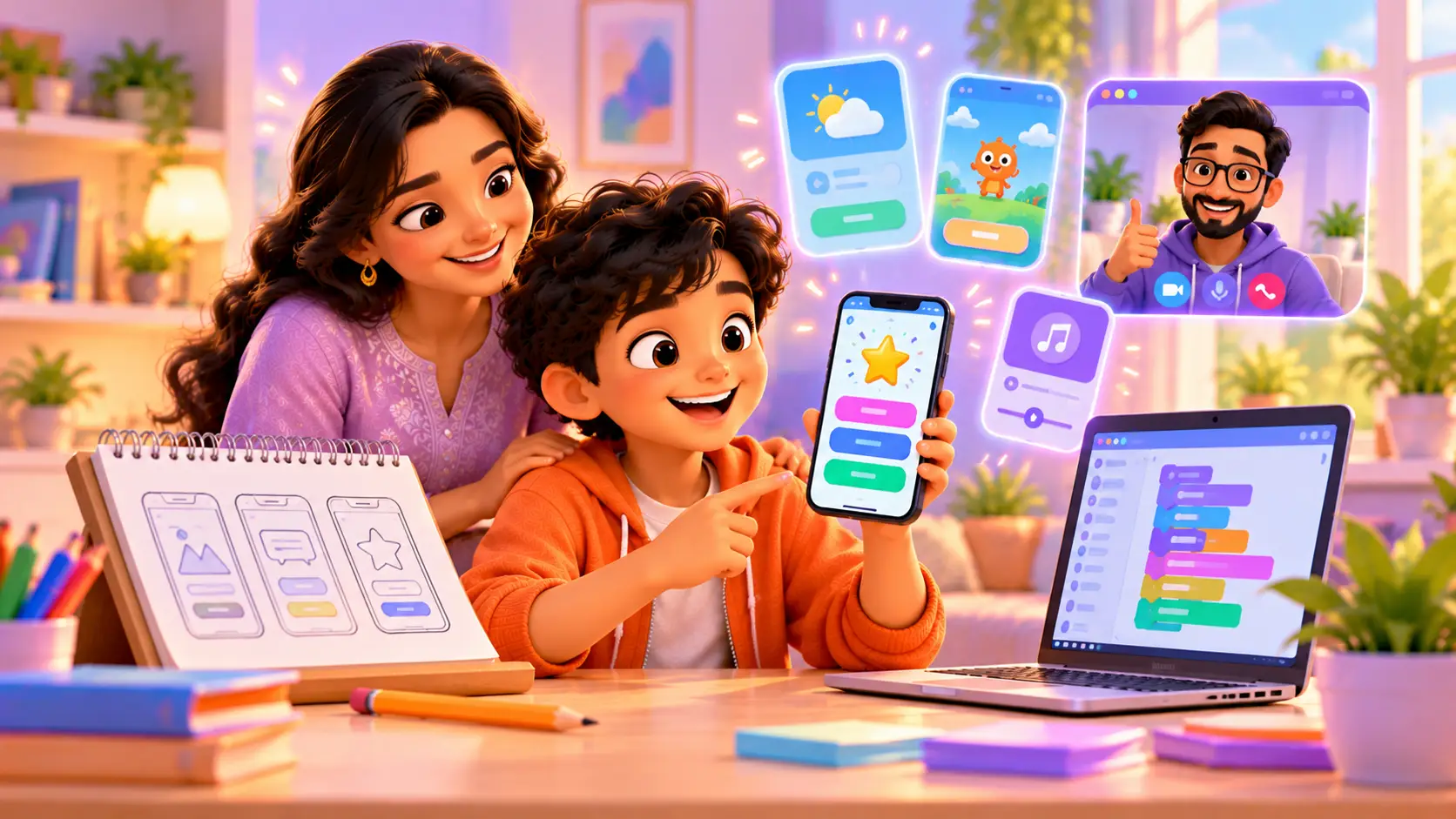 A kid testing their own colourful quiz app on a phone, with the app's drag-and-drop blocks on a laptop screen behind them
