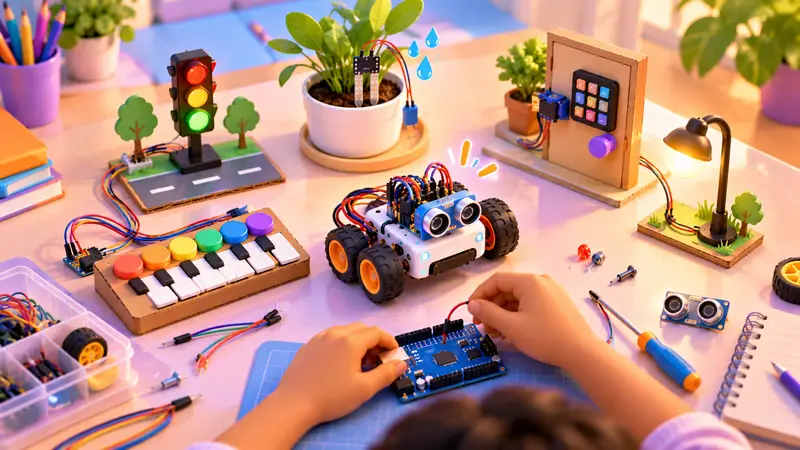 A kid proudly showing a small Arduino robot car with an ultrasonic sensor on the front, with LEDs, wires and a breadboard on the table