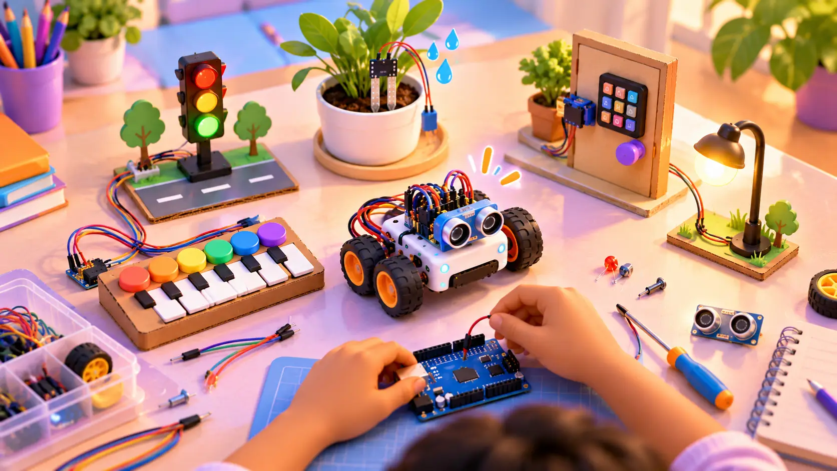 A kid proudly showing a small Arduino robot car with an ultrasonic sensor on the front, with LEDs, wires and a breadboard on the table