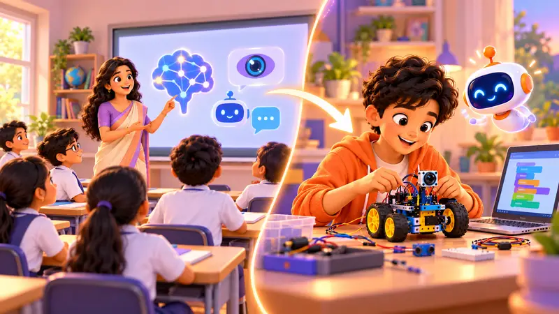 A school classroom with students learning about AI on a board, and one student at home later building a real AI robot project on a desk with a laptop