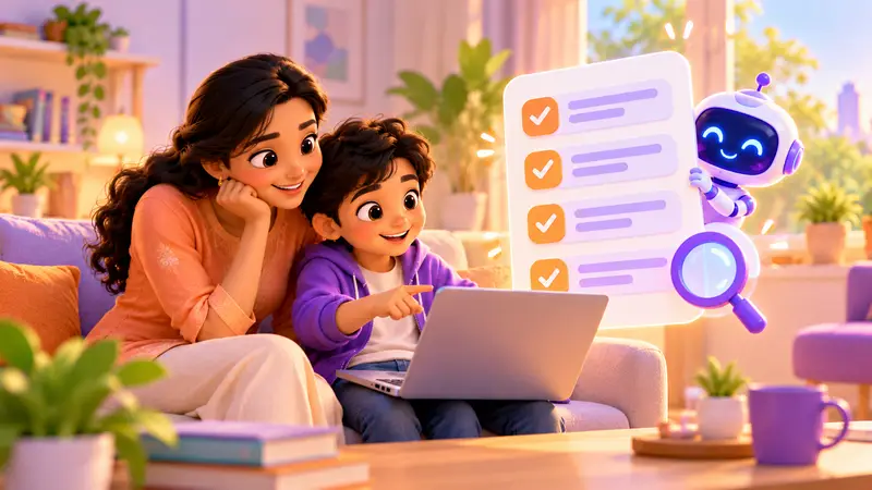 A parent and kid sitting together looking at a laptop with a checklist on screen, comparing coding classes, in a bright home setting