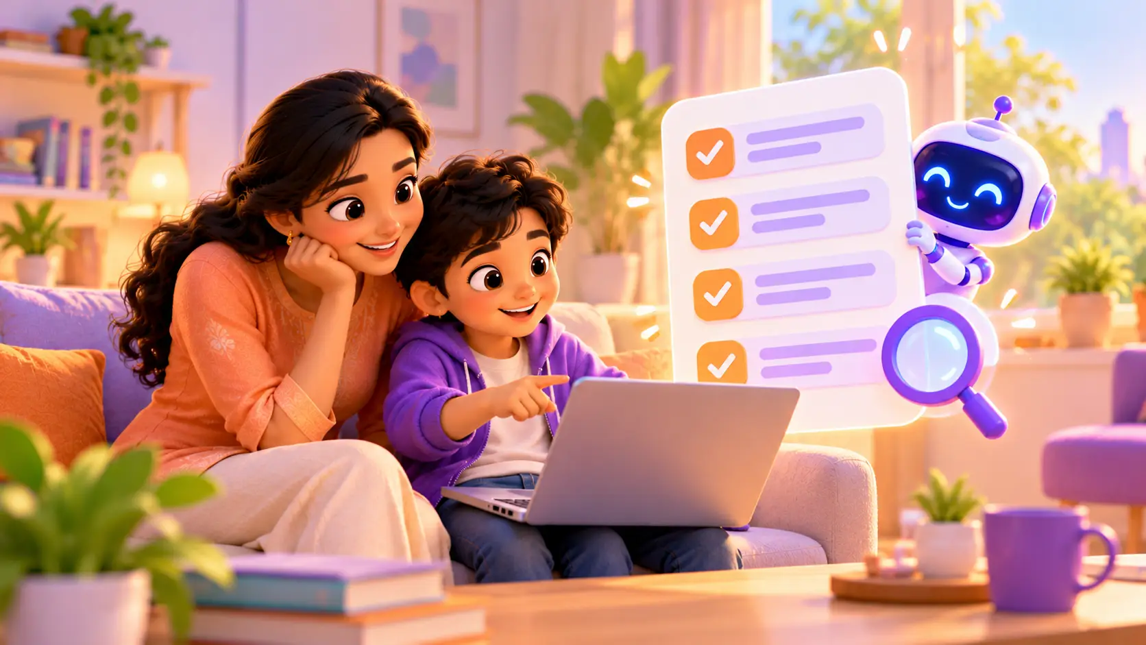 A parent and kid sitting together looking at a laptop with a checklist on screen, comparing coding classes, in a bright home setting