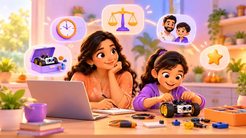 A parent at a kitchen table comparing coding class options on a laptop and a notepad, while their kid builds a small robot beside them