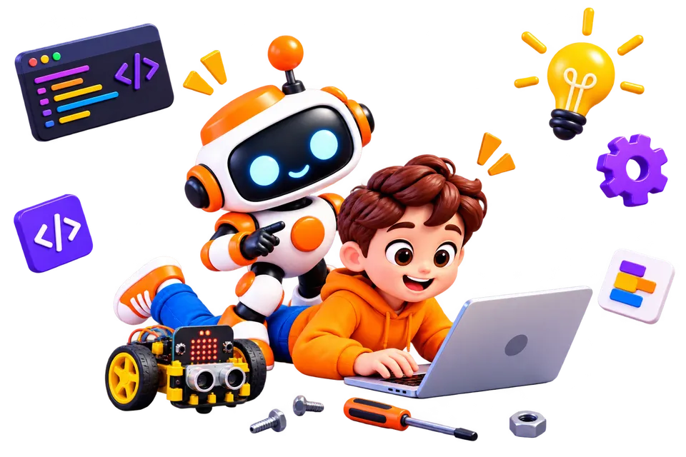 A smiling boy codes on a laptop while a friendly robot points at the screen, next to a micro:bit robot car