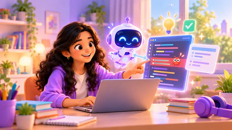 A teenager at a laptop reviewing code written by an AI assistant, spotting a mistake and fixing it, with a friendly robot watching over their shoulder