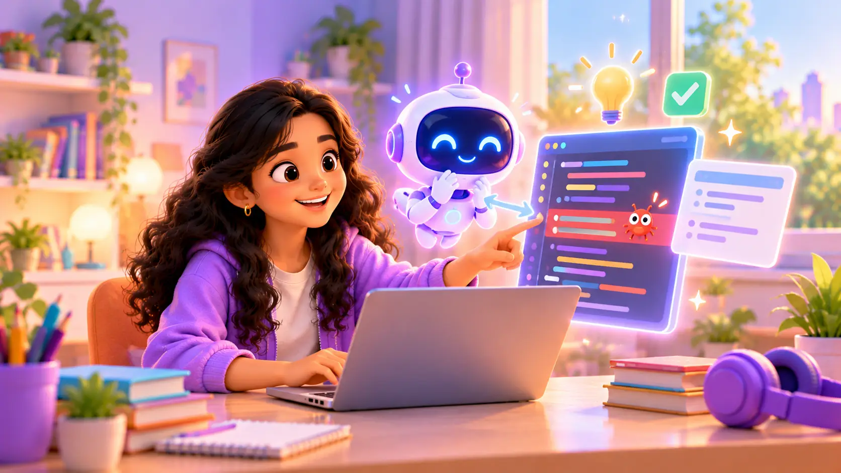A teenager at a laptop reviewing code written by an AI assistant, spotting a mistake and fixing it, with a friendly robot watching over their shoulder