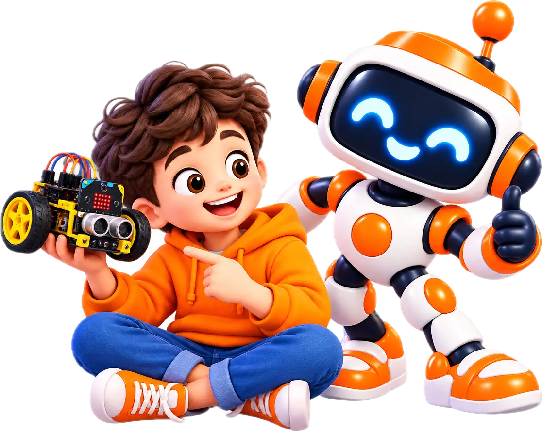 A happy kid holding a robot car they built, next to a friendly robot giving a thumbs up