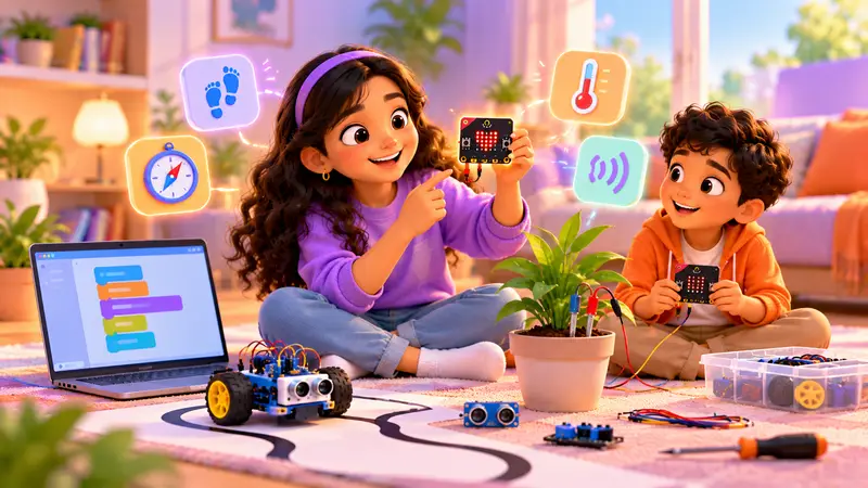 A kid at home holding a glowing micro:bit showing a heart on its LED grid, with a small micro:bit robot car and a laptop with colourful code blocks nearby