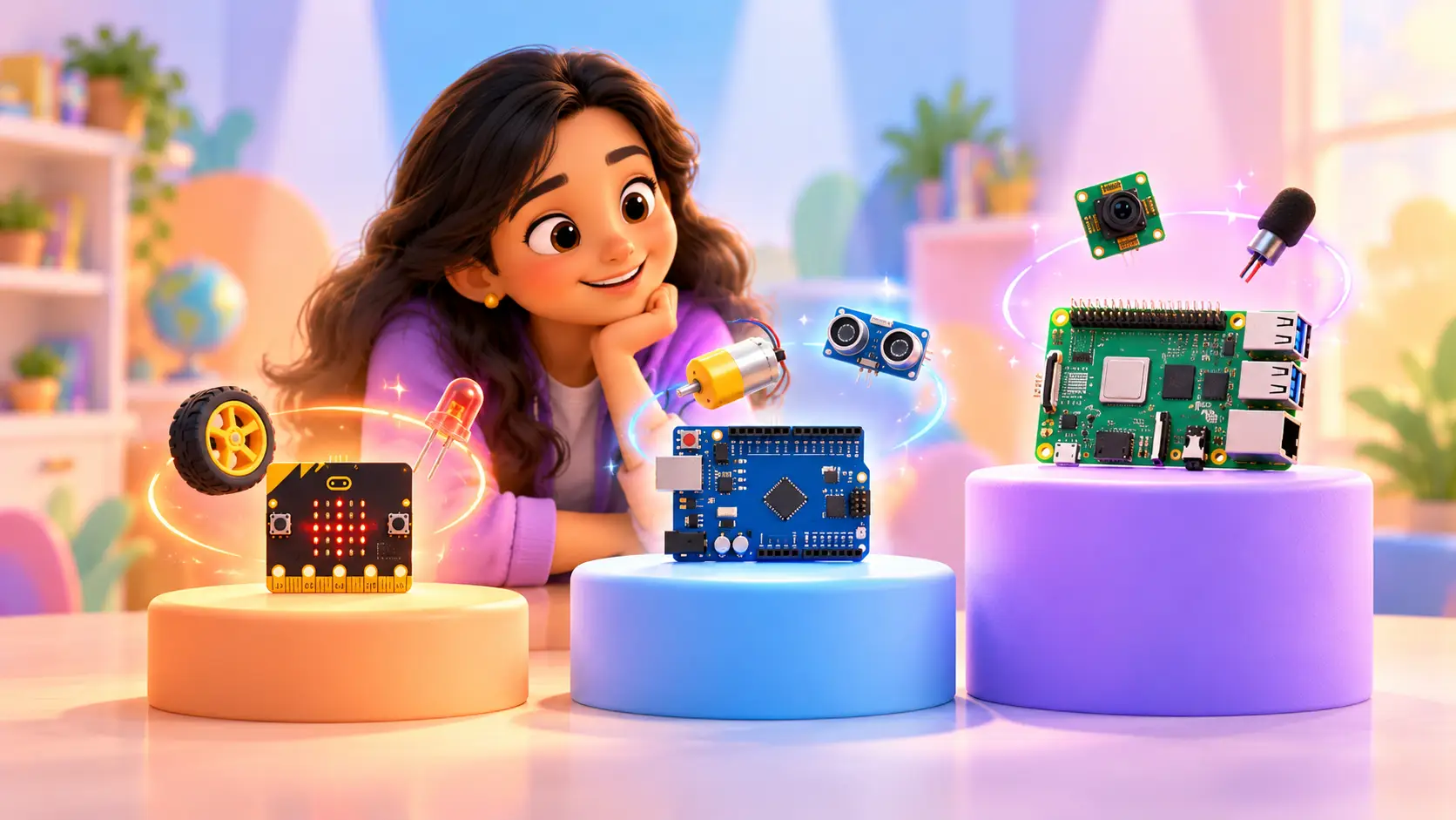 Three electronics boards on podiums, a micro:bit, an Arduino and a Raspberry Pi, with a curious girl comparing them
