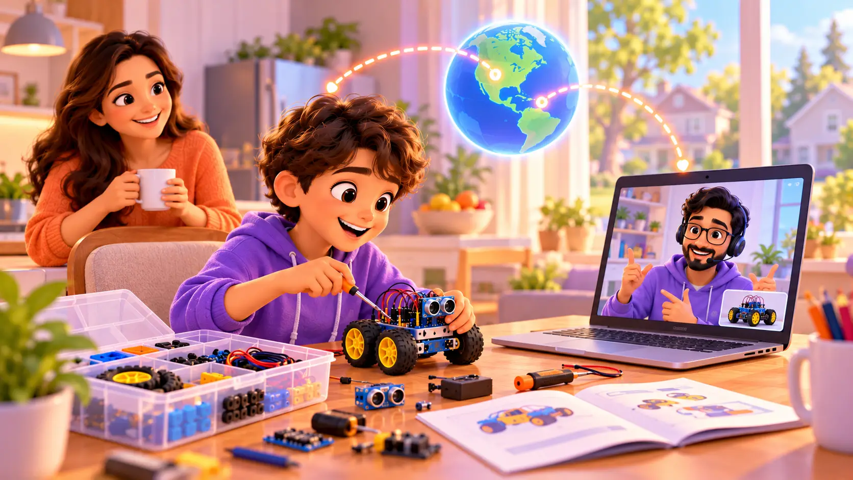 A kid in an American home building a robot with a kit at the kitchen table on a live video class with a trainer, with a laptop showing code