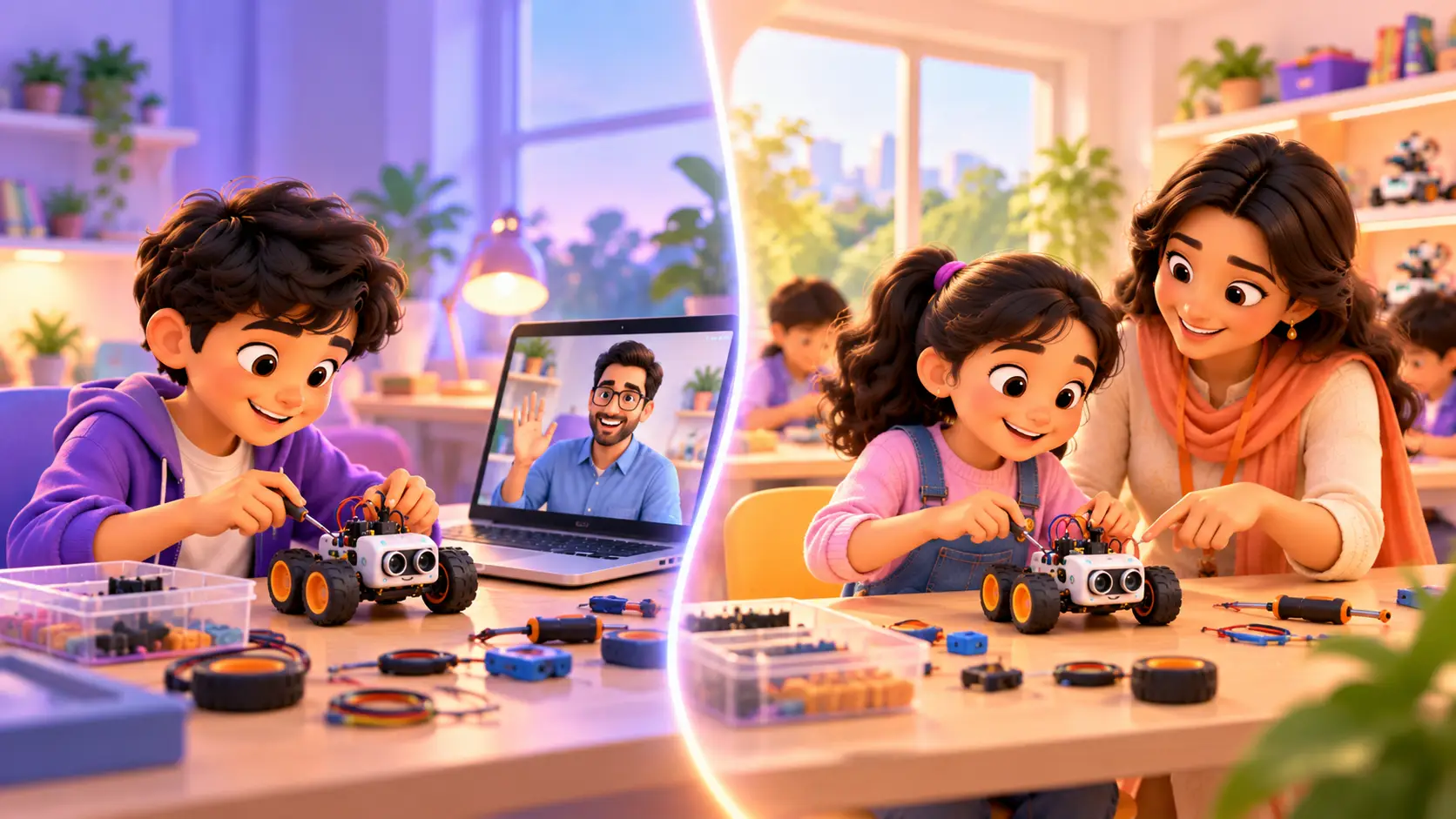 Split image: a boy at home building a robot on a video call with a trainer, and a girl in a classroom building the same robot beside a trainer