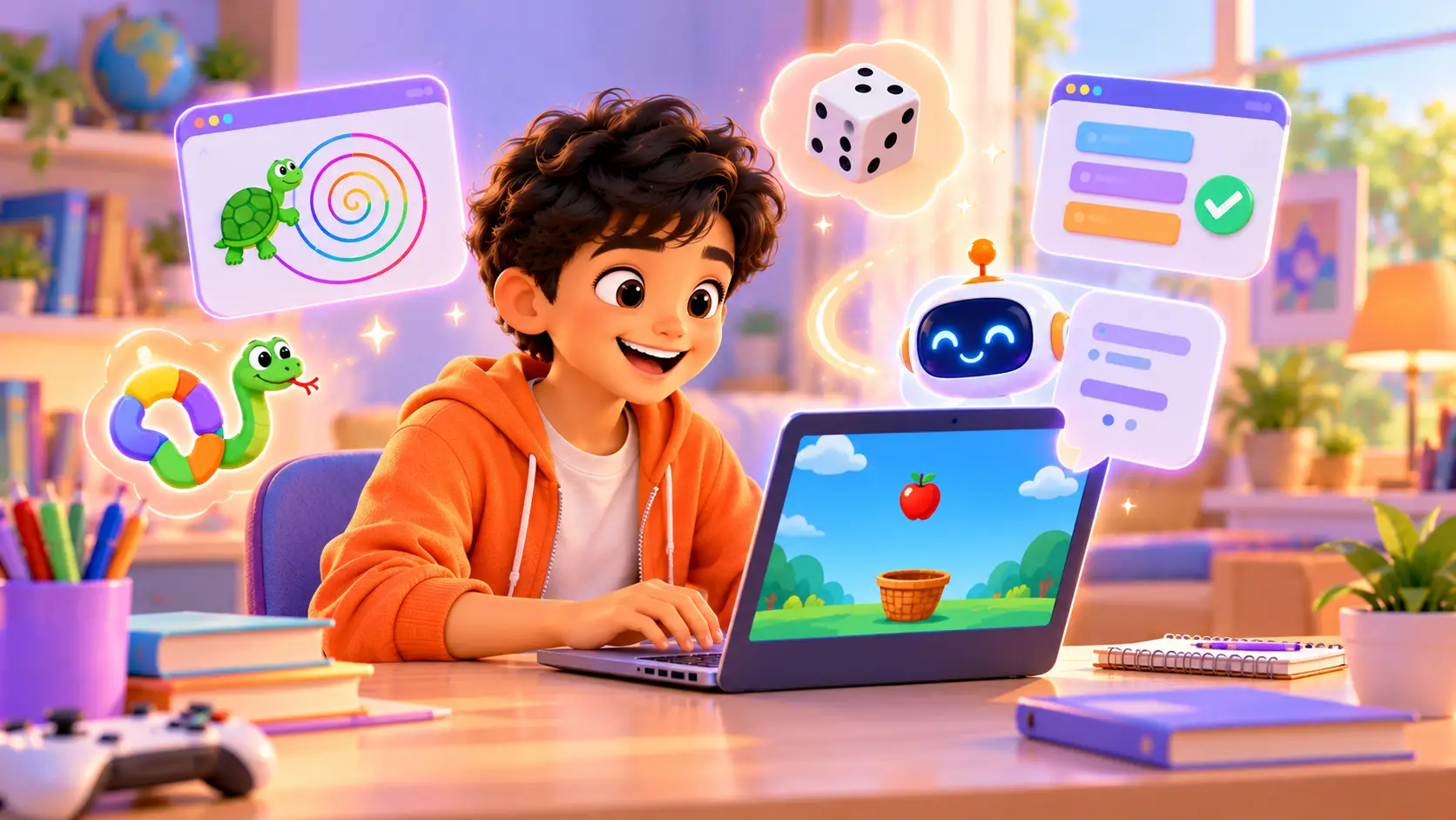 A kid at a laptop running a Python game they wrote, with a friendly AI chatbot window open beside it and colourful code on the screen