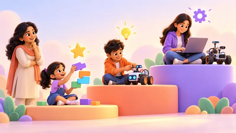 Three kids of different ages on rising steps, one with code blocks, one with a robot car and one at a laptop, while a parent watches