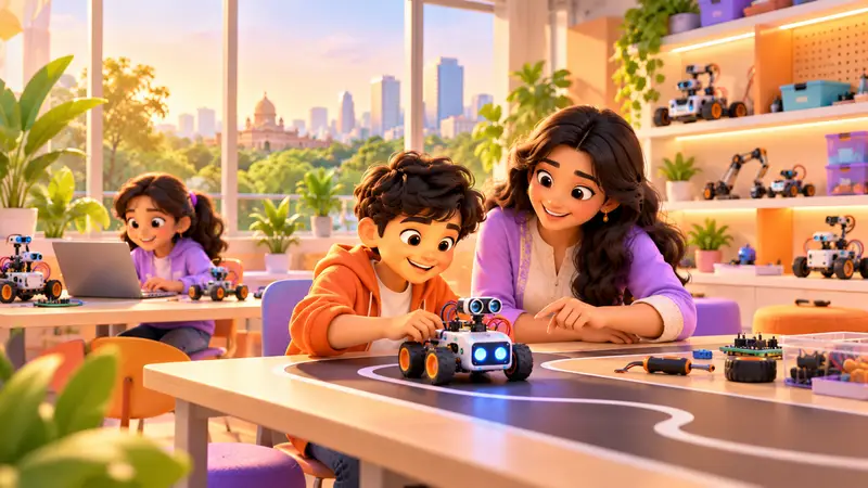 A bright kids' robotics classroom in Bangalore with greenery and the city skyline outside, a trainer helping a boy test a robot car on a track
