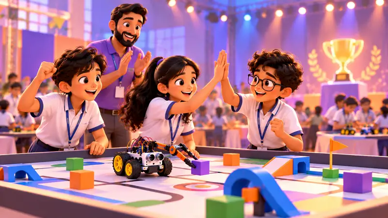 A team of school students high-fiving as their robot completes a mission on a competition table, with their coach clapping and a trophy in the background