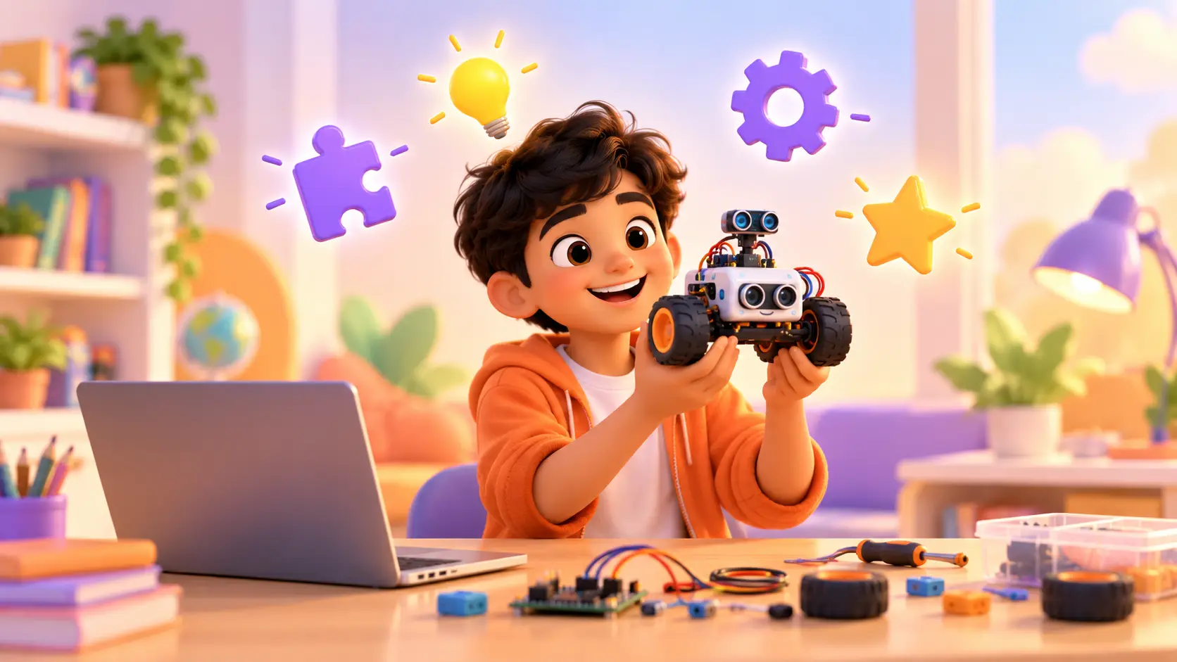 A smiling boy holding up the small wheeled robot he built, with skill icons for problem solving, ideas, engineering and confidence around him
