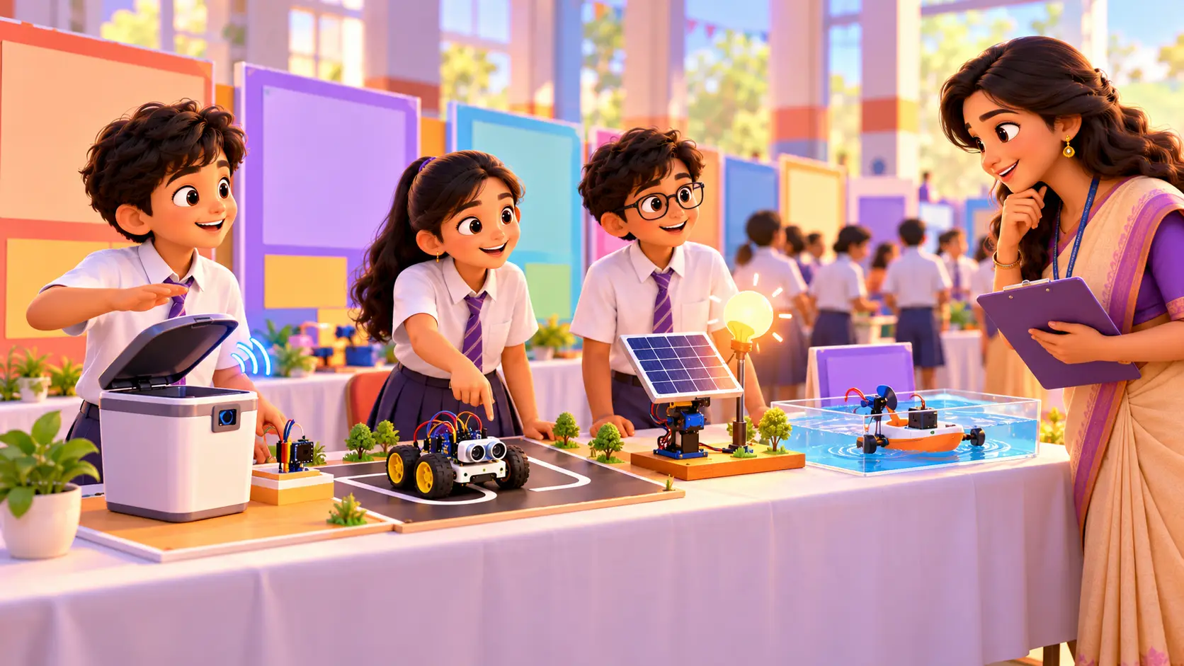 Students at a school science exhibition proudly showing working robotics models on a table, including a smart dustbin, a robot car and a solar tracker, with a judge looking on