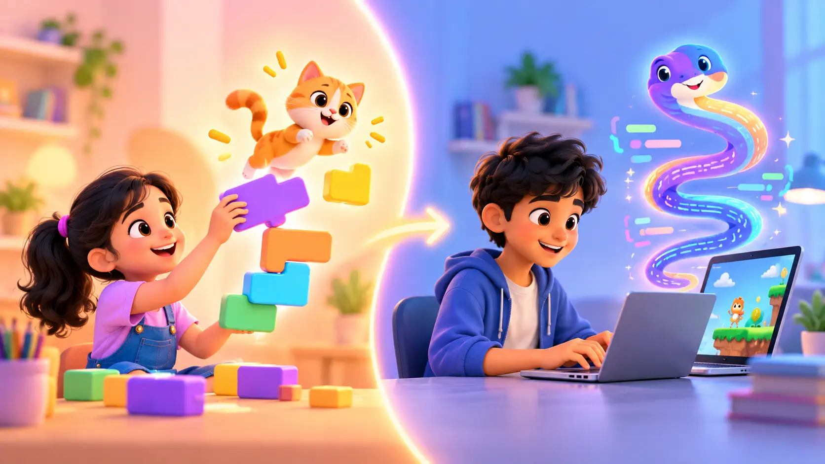 Split scene: a young girl stacking colourful code blocks with a cartoon cat on one side, and an older boy coding a game with a friendly code snake on the other