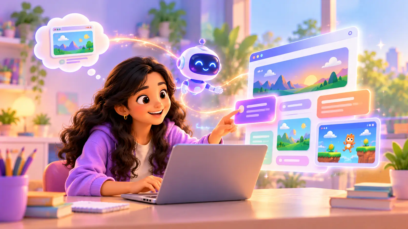 A teenage girl at a laptop describing an idea while a colourful website assembles itself in the air, helped by a small friendly robot