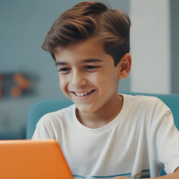 A-photorealistic-image-of-a-young-Spanish-boy-with-a-bright-smile-on-his-face--eagerly-learning-about-robotics-on-his-orange-laptop-